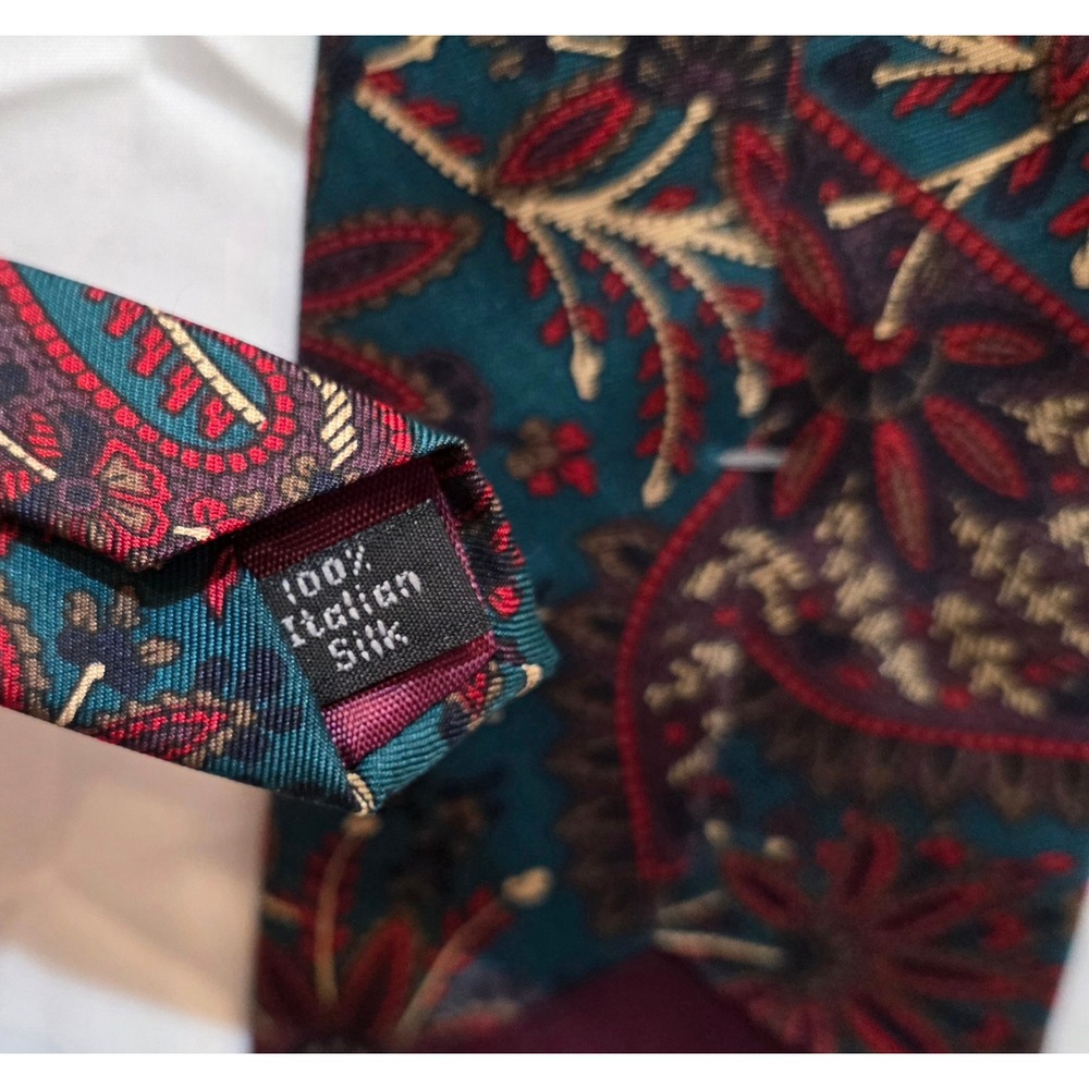 Vintage Mario Valentino Teal Burgundy Paisley 100% Italian Silk Men's Neck Tie - Picture 5 of 5